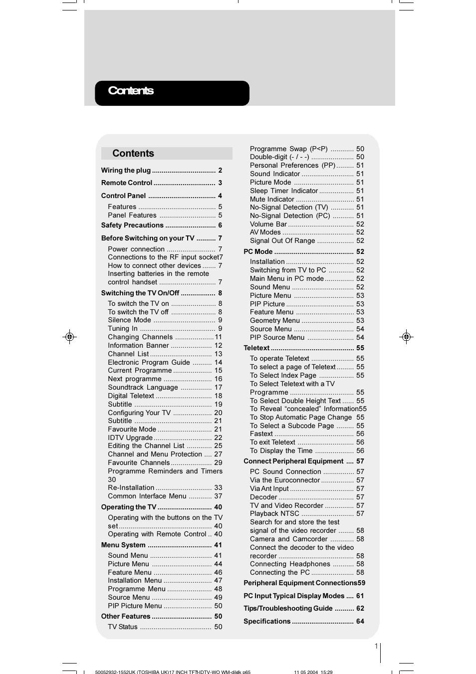 Toshiba 17WLT46B User Manual | Page 2 / 65