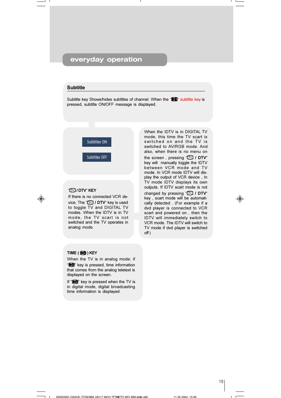 Everyday operation, Subtitle | Toshiba 17WLT46B User Manual | Page 20 / 65