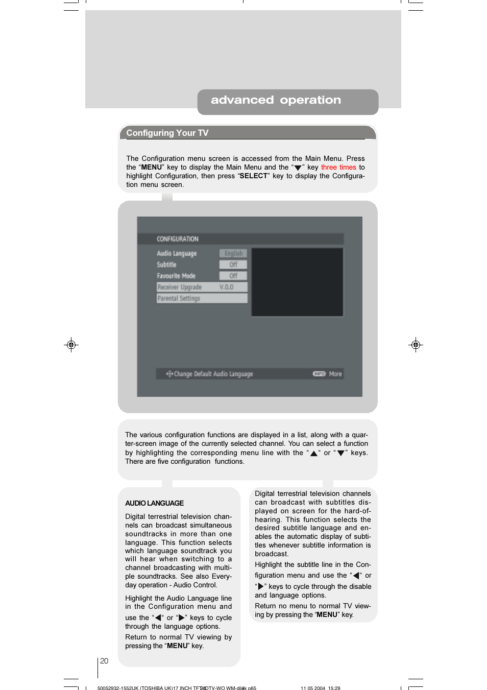 Advanced operation, Configuring your tv | Toshiba 17WLT46B User Manual | Page 21 / 65