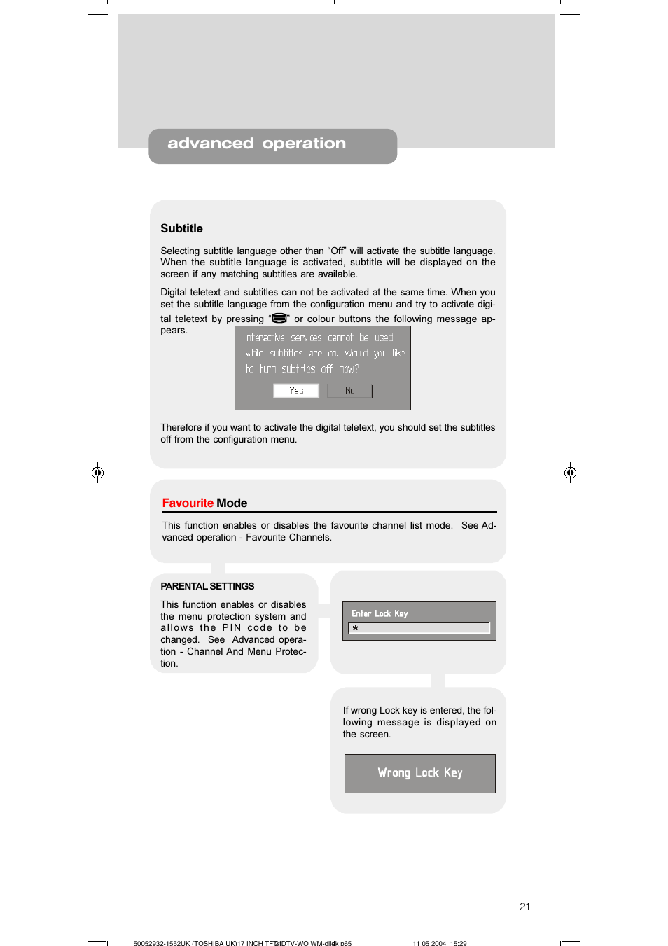 Advanced operation | Toshiba 17WLT46B User Manual | Page 22 / 65