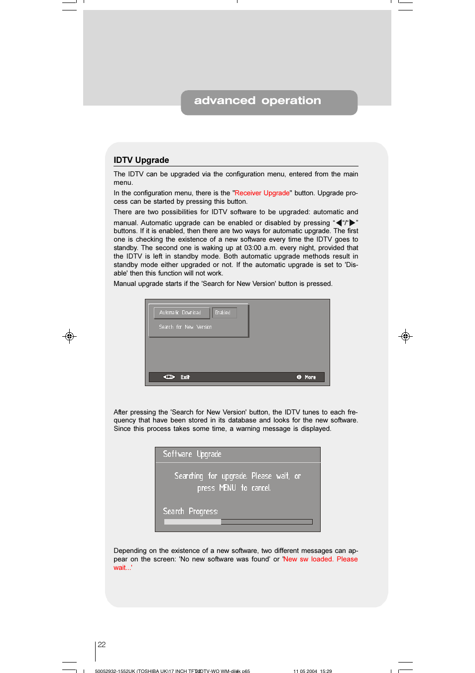 Advanced operation, Tsh rãvt hqr trh puãq t r), I dtv upgrade | Toshiba 17WLT46B User Manual | Page 23 / 65