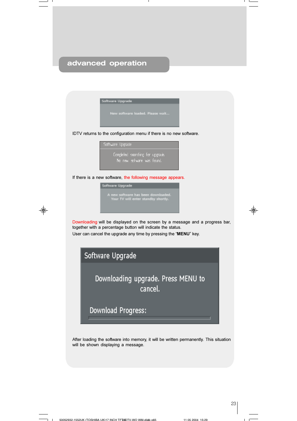 Advanced operation | Toshiba 17WLT46B User Manual | Page 24 / 65