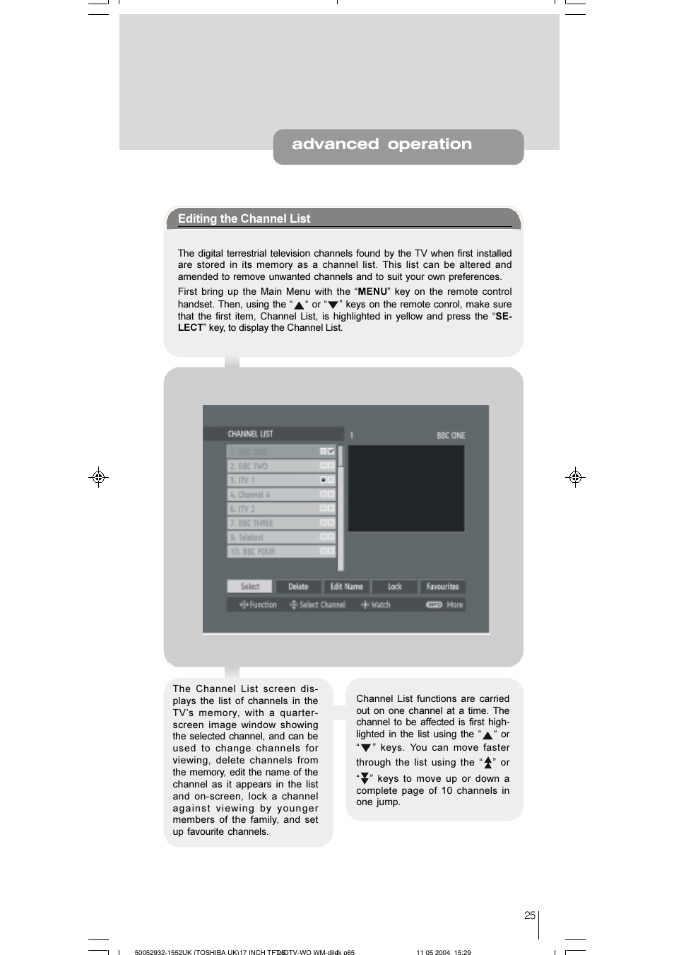 Advanced operation, Editing the channel list | Toshiba 17WLT46B User Manual | Page 26 / 65