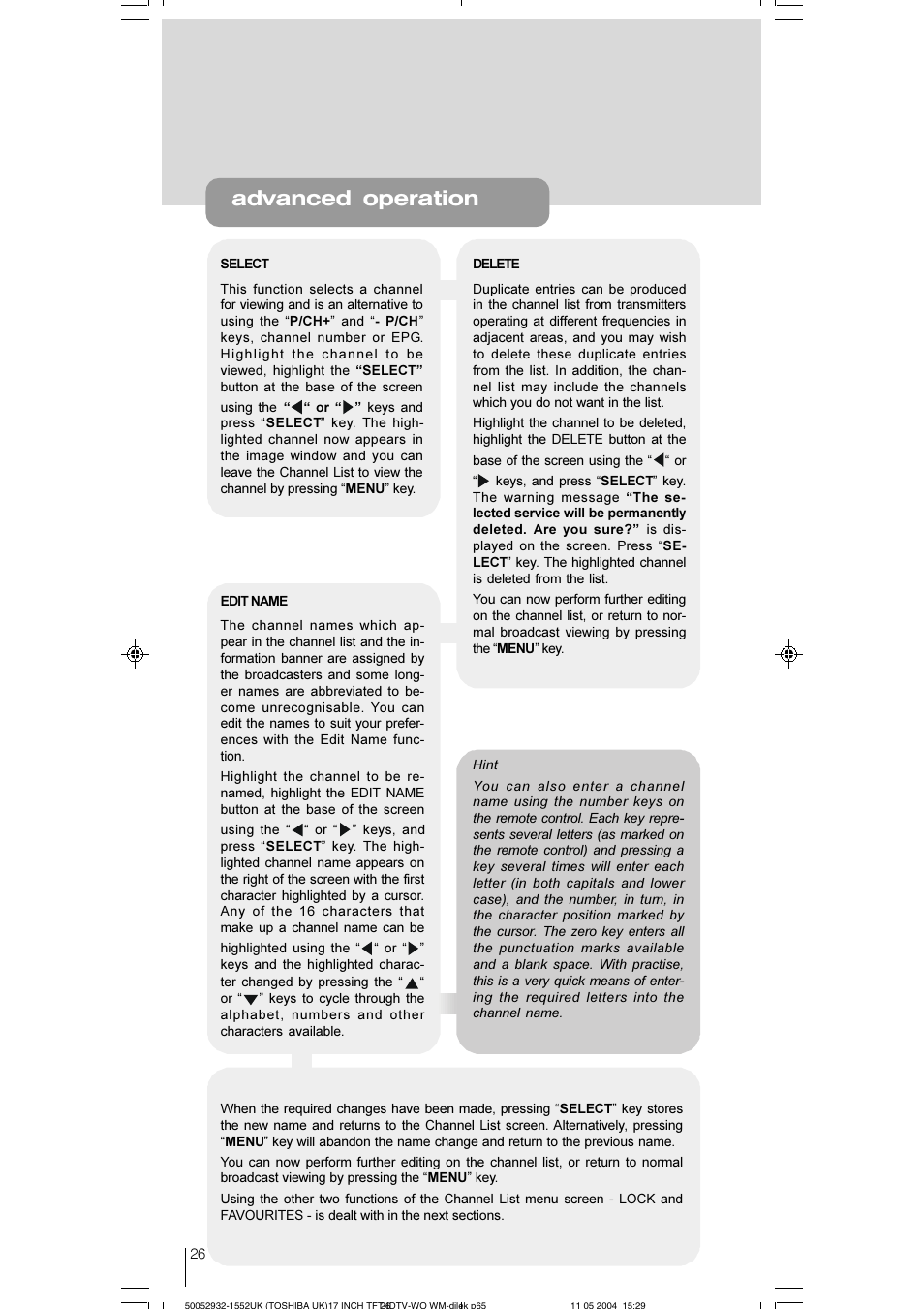 Advanced operation | Toshiba 17WLT46B User Manual | Page 27 / 65