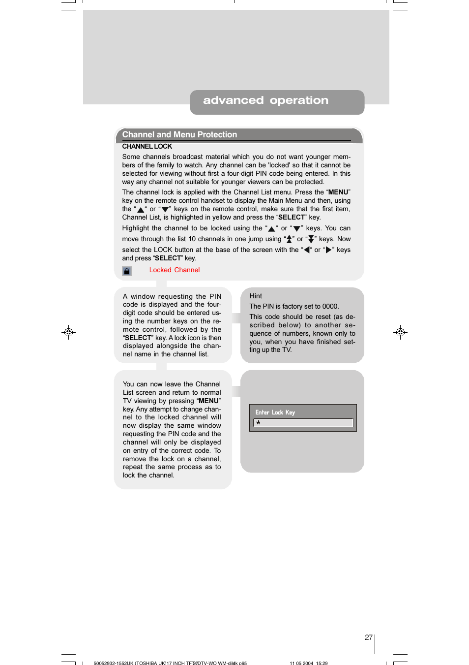Advanced operation, Channel and menu protection | Toshiba 17WLT46B User Manual | Page 28 / 65