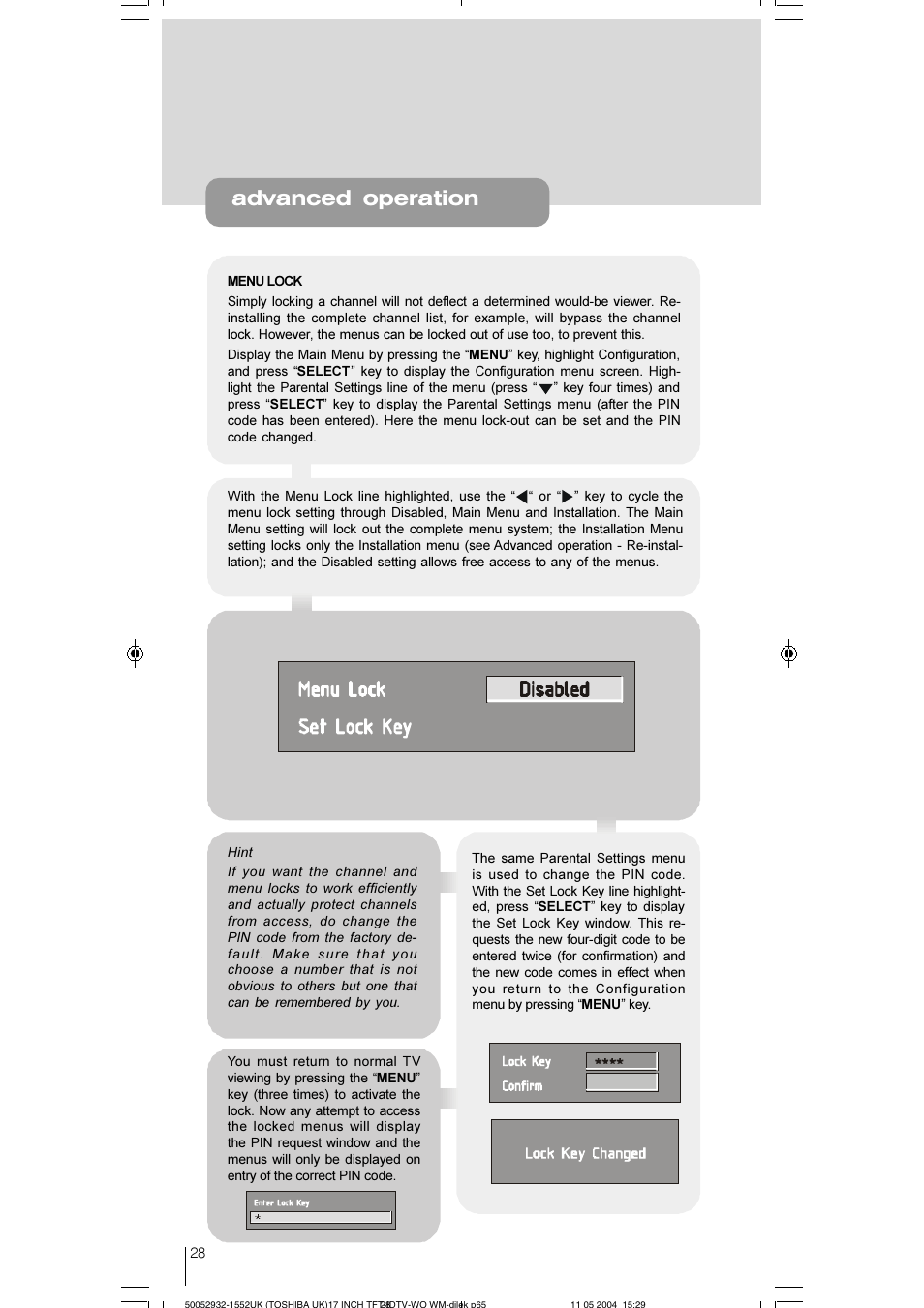 Advanced operation | Toshiba 17WLT46B User Manual | Page 29 / 65