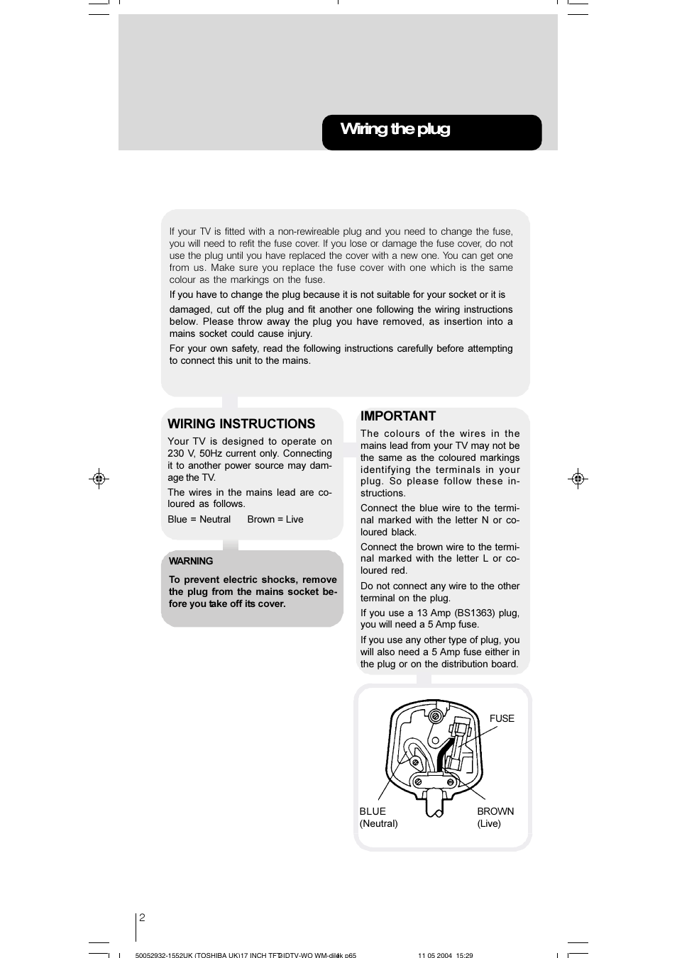 Wiring the plug, Wiring instructions, Important | Toshiba 17WLT46B User Manual | Page 3 / 65