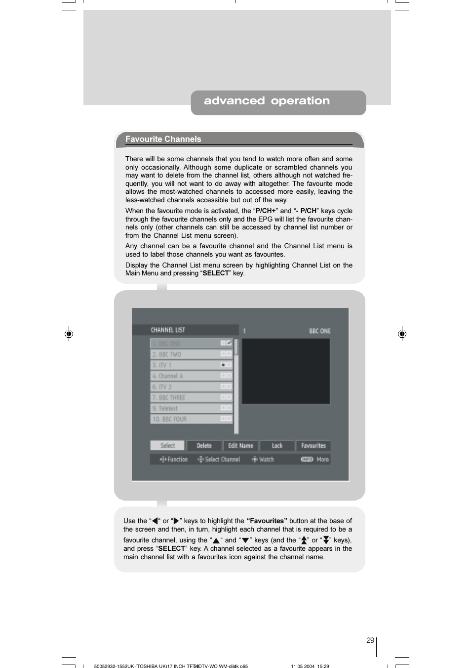 Advanced operation, Favourite channels | Toshiba 17WLT46B User Manual | Page 30 / 65