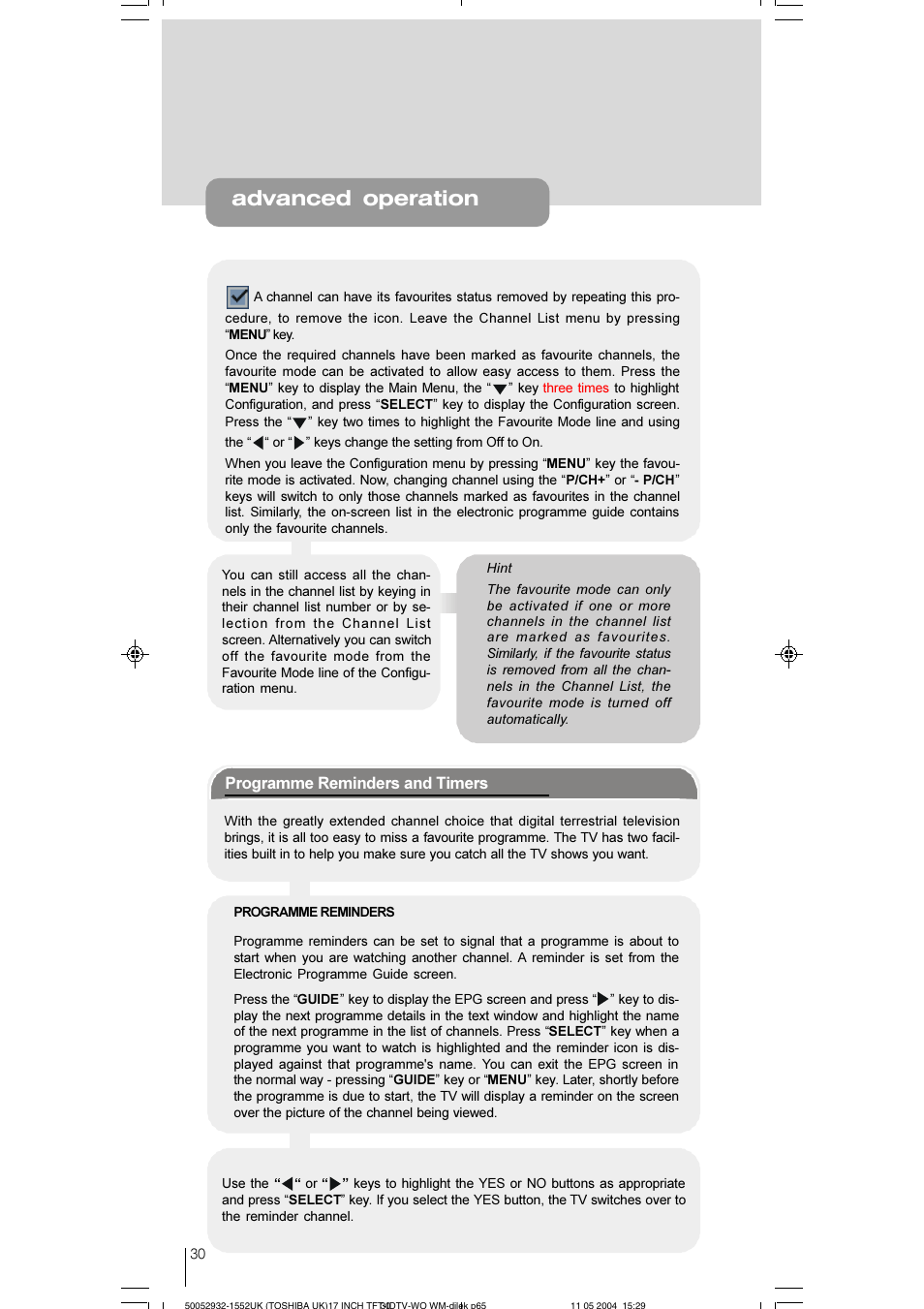 Advanced operation, Programme reminders and timers | Toshiba 17WLT46B User Manual | Page 31 / 65