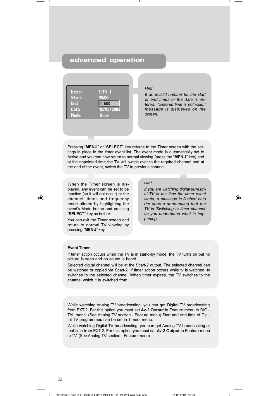 Advanced operation | Toshiba 17WLT46B User Manual | Page 33 / 65