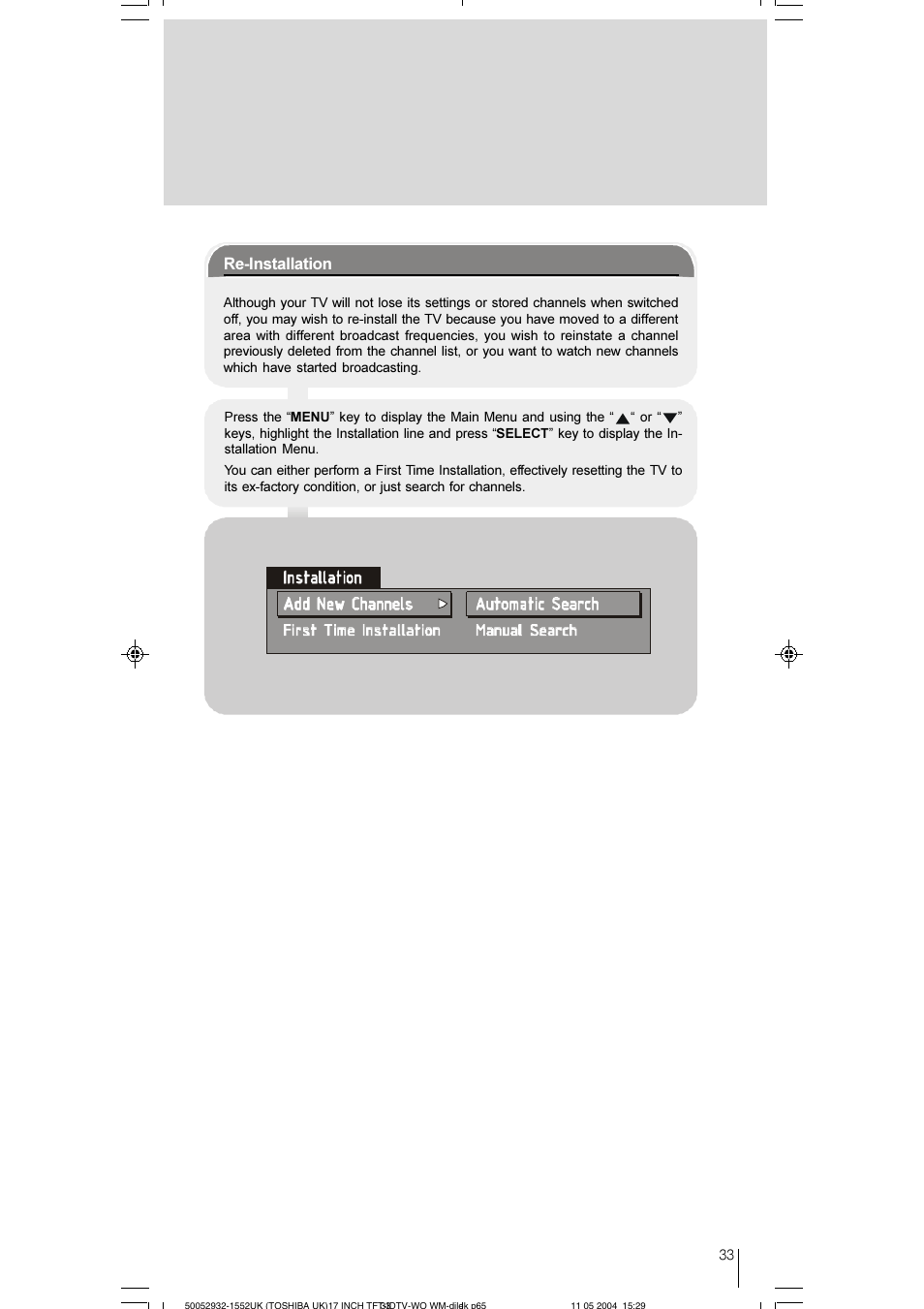 Re-installation | Toshiba 17WLT46B User Manual | Page 34 / 65
