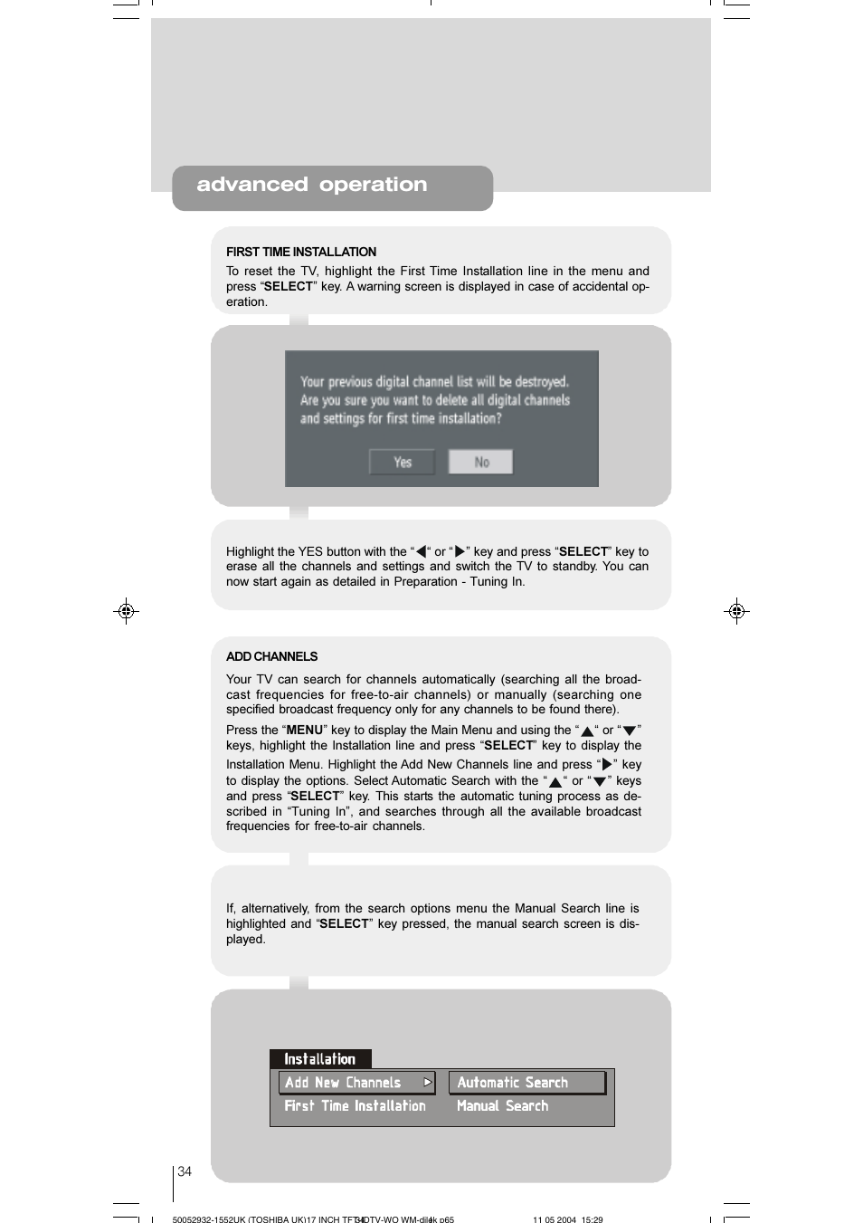 Advanced operation | Toshiba 17WLT46B User Manual | Page 35 / 65