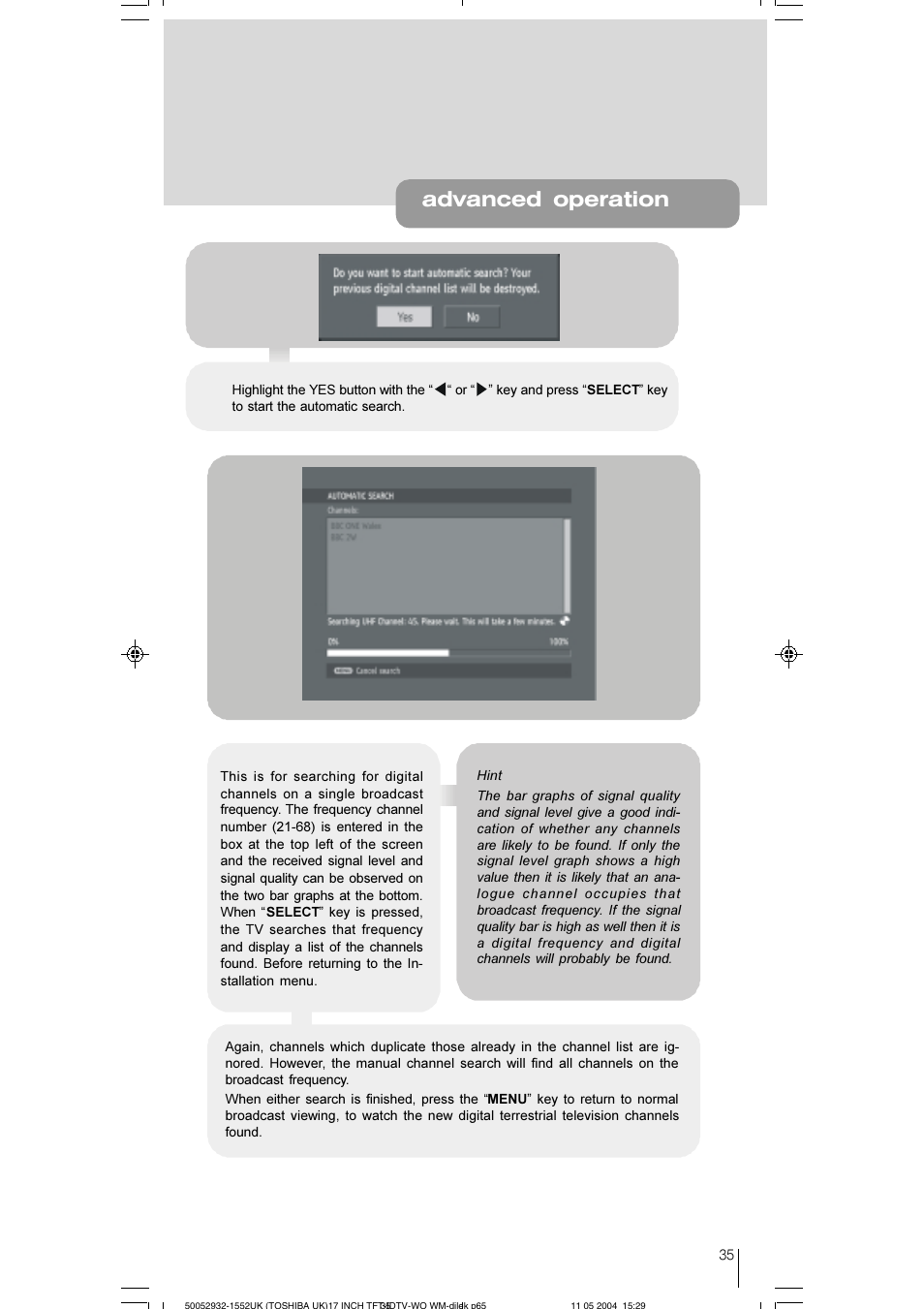 Advanced operation | Toshiba 17WLT46B User Manual | Page 36 / 65