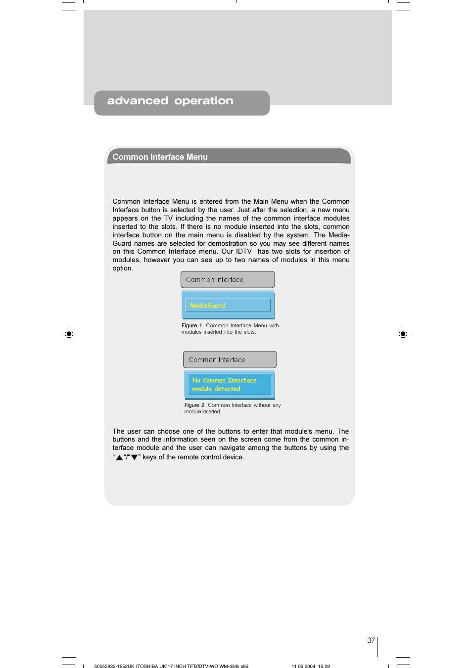 Advanced operation, Common interface menu | Toshiba 17WLT46B User Manual | Page 38 / 65