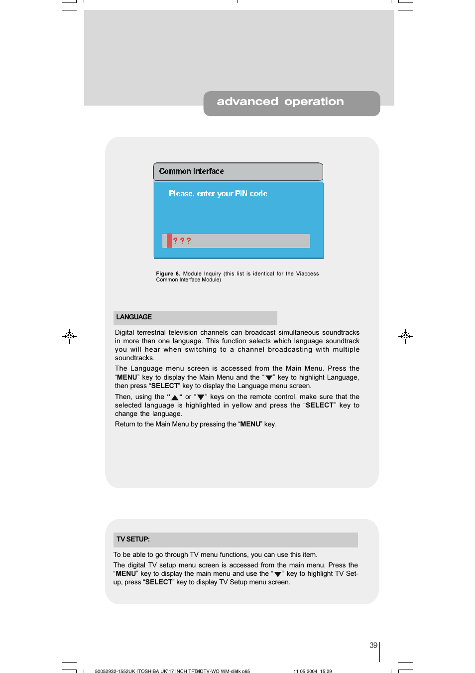 Advanced operation | Toshiba 17WLT46B User Manual | Page 40 / 65