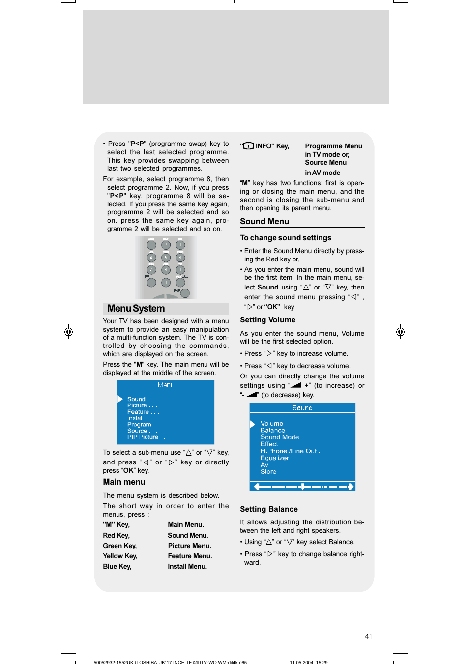 Menu system, Sound menu, Main menu | Toshiba 17WLT46B User Manual | Page 42 / 65
