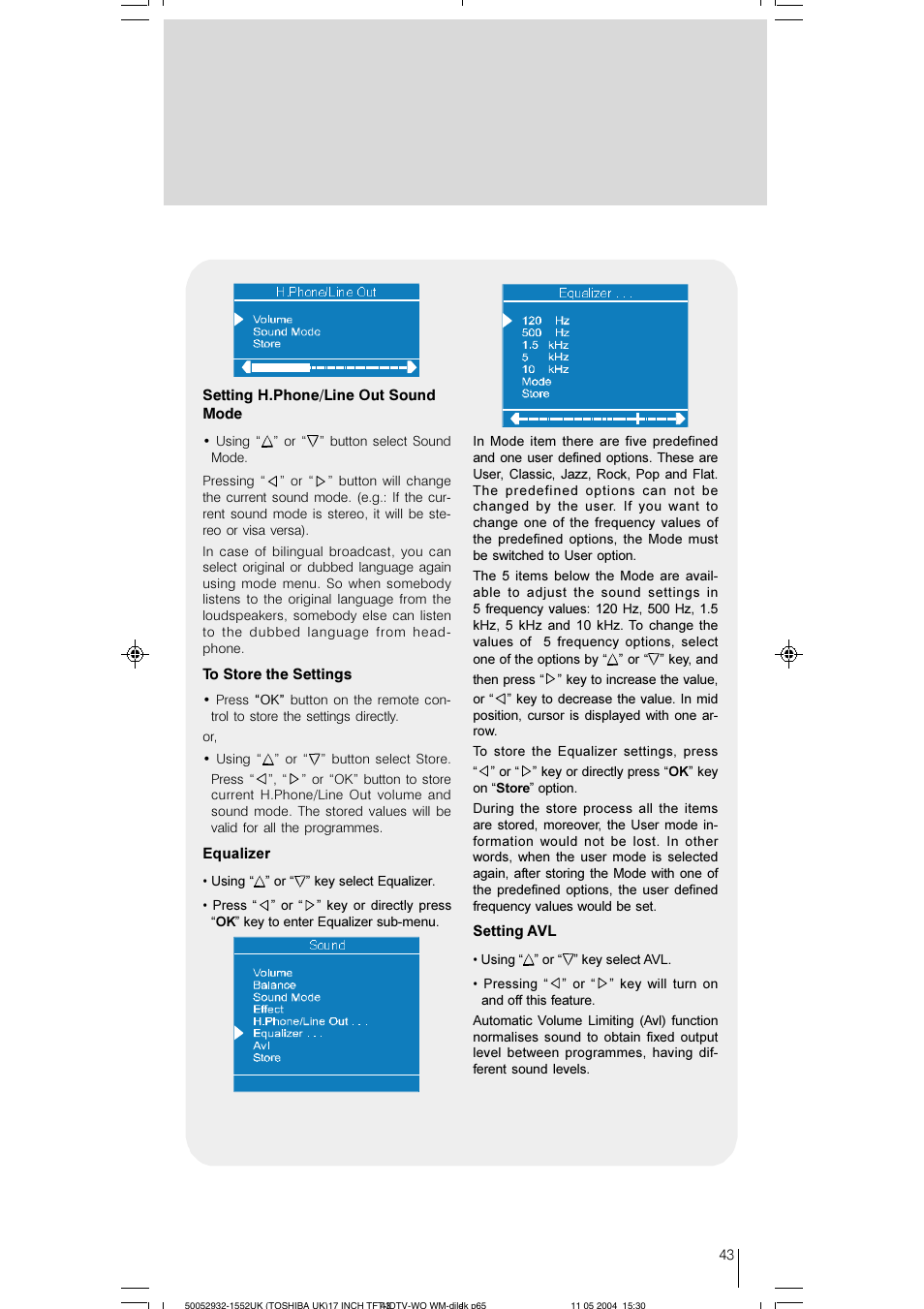 Toshiba 17WLT46B User Manual | Page 44 / 65