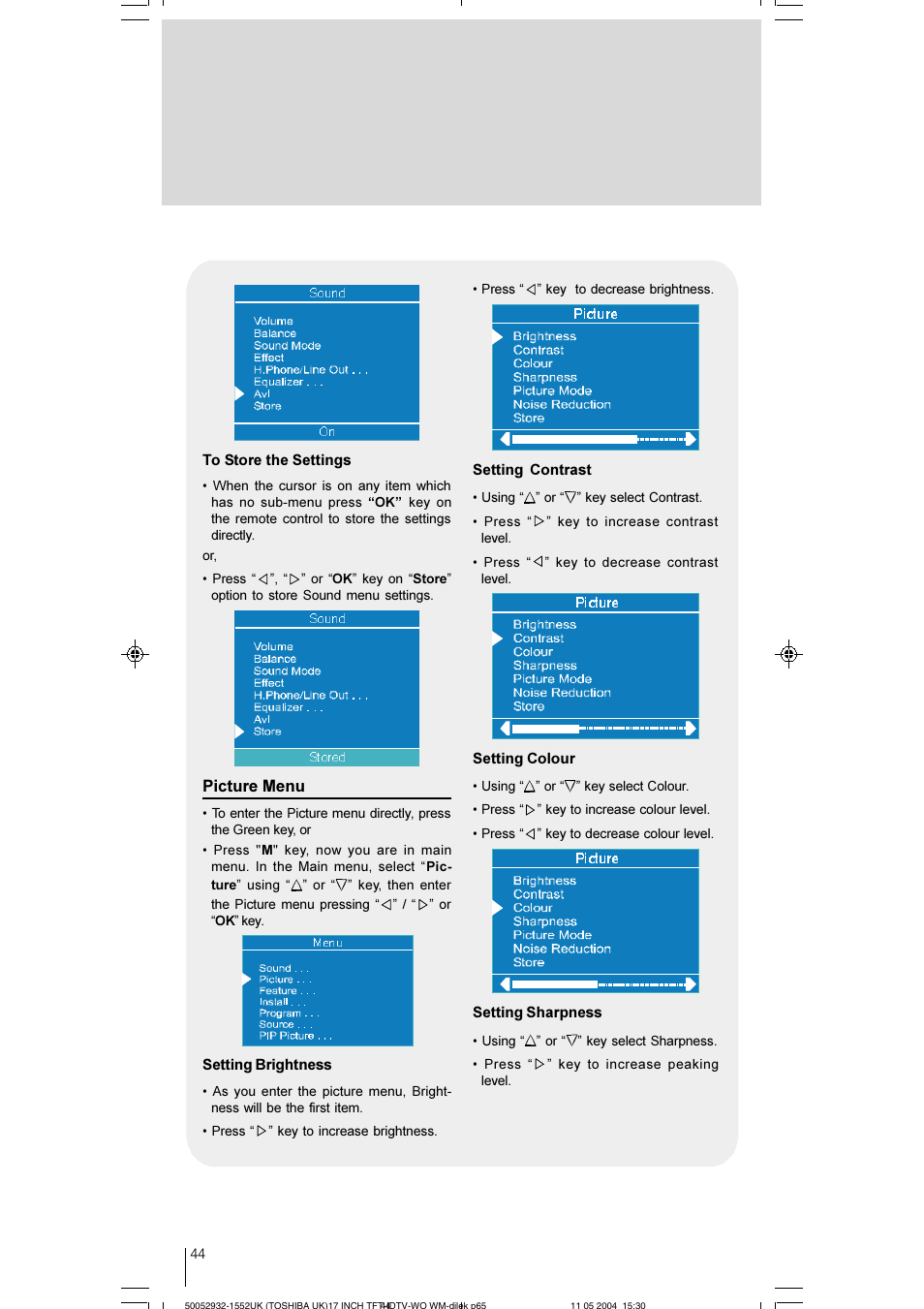 Picture menu | Toshiba 17WLT46B User Manual | Page 45 / 65