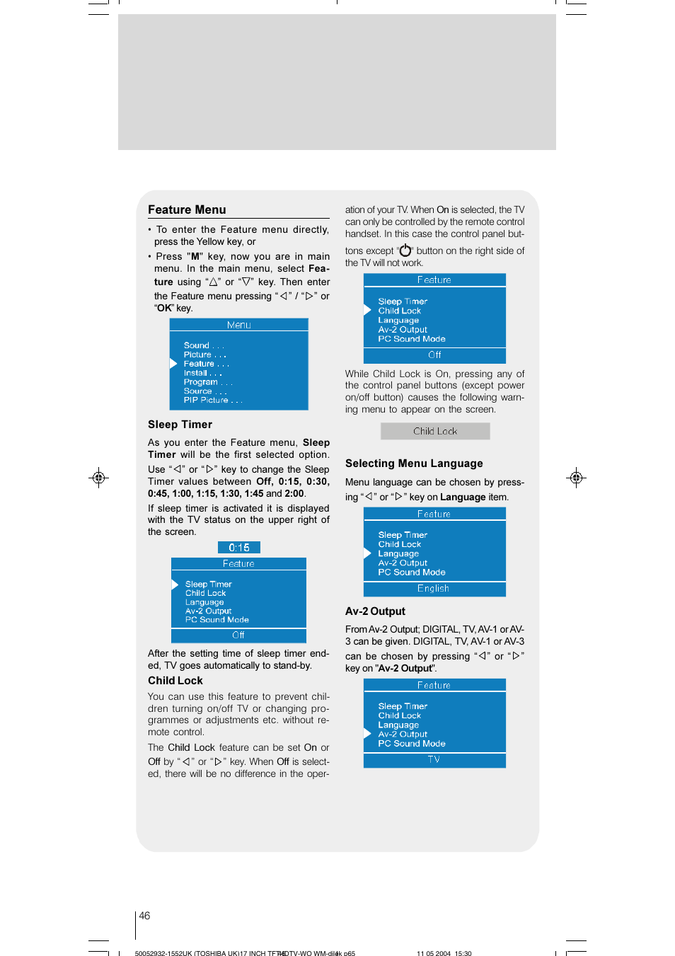 Feature menu | Toshiba 17WLT46B User Manual | Page 47 / 65