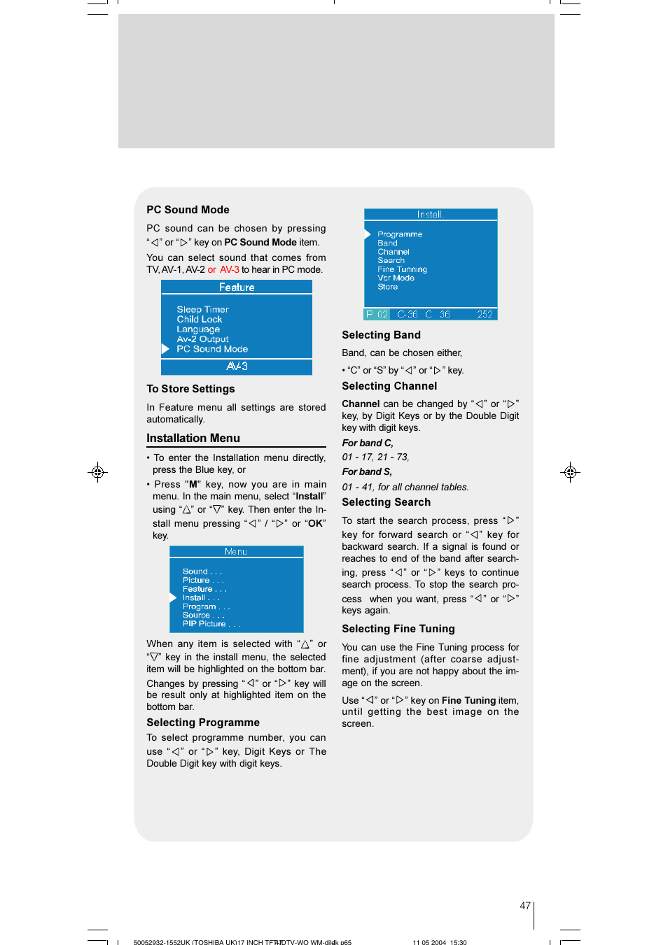 Installation menu | Toshiba 17WLT46B User Manual | Page 48 / 65