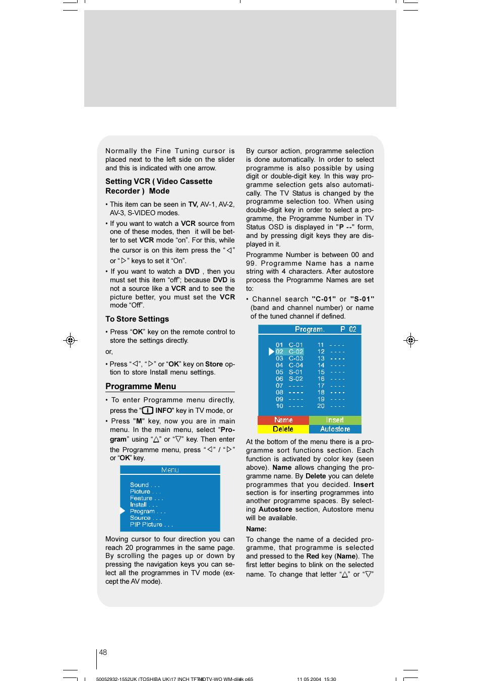 Programme menu | Toshiba 17WLT46B User Manual | Page 49 / 65