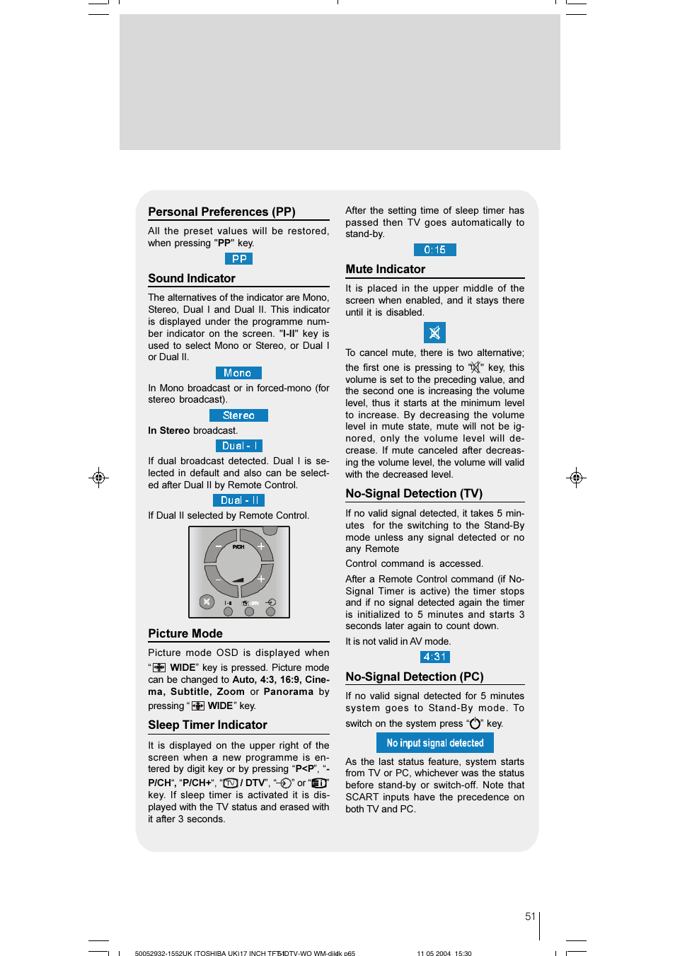 Personal preferences (pp), Sound indicator, Picture mode | Sleep timer indicator, Mute indicator, No-signal detection (tv), No-signal detection (pc) | Toshiba 17WLT46B User Manual | Page 52 / 65