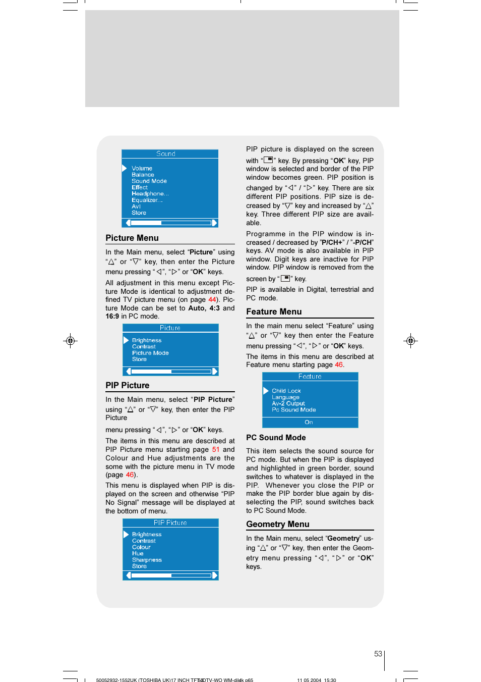 Picture menu, Pip picture, Feature menu | Geometry menu | Toshiba 17WLT46B User Manual | Page 54 / 65