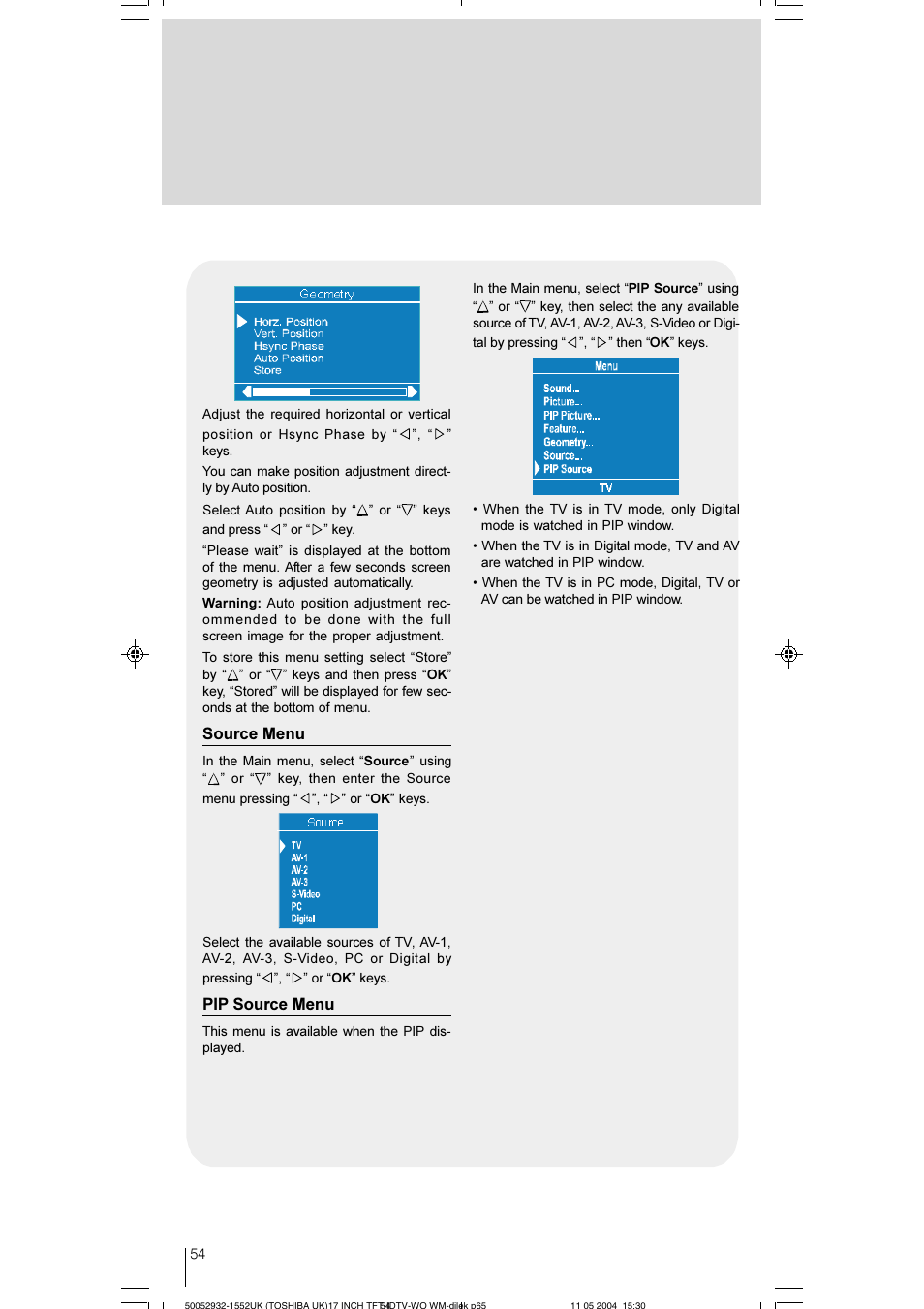 Source menu, Pip source menu | Toshiba 17WLT46B User Manual | Page 55 / 65