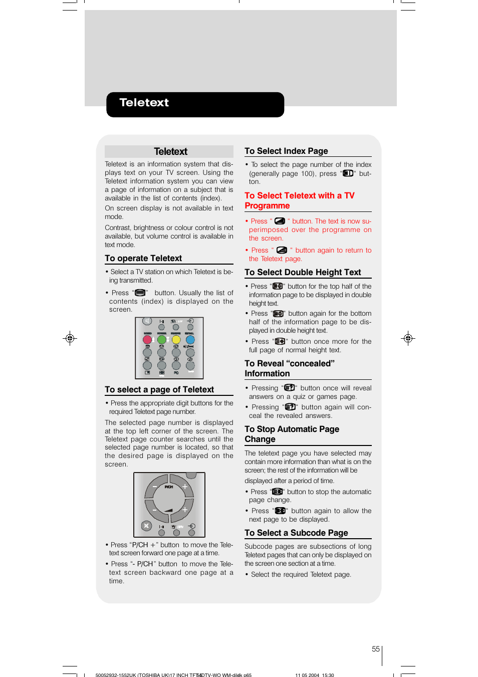 Teletext | Toshiba 17WLT46B User Manual | Page 56 / 65