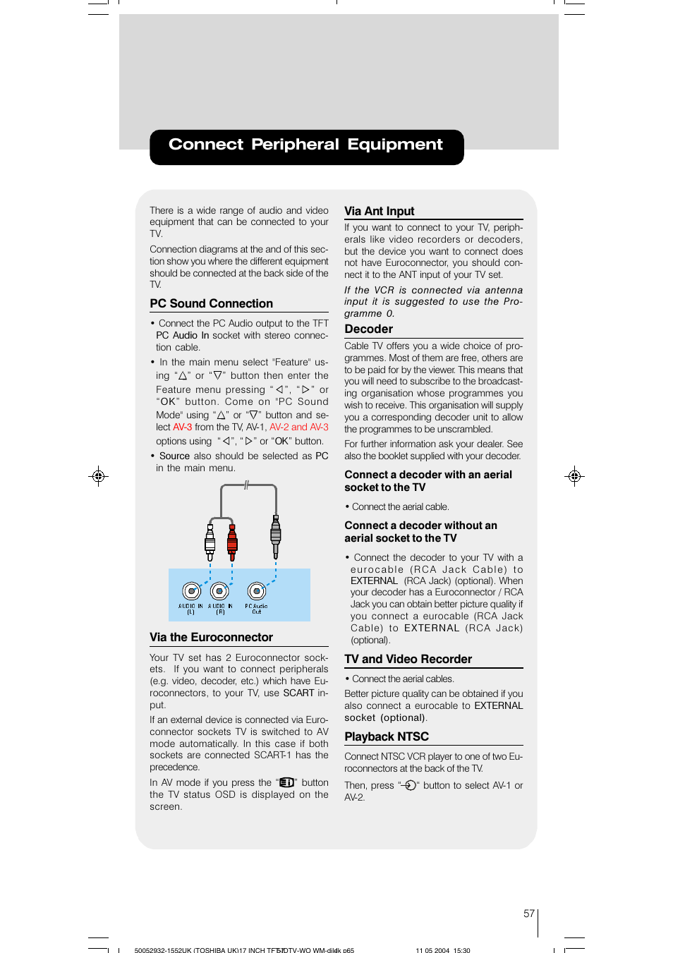 Connect peripheral equipment, Pc sound connection, Via the euroconnector | Via ant input, Decoder, Tv and video recorder, Playback ntsc | Toshiba 17WLT46B User Manual | Page 58 / 65