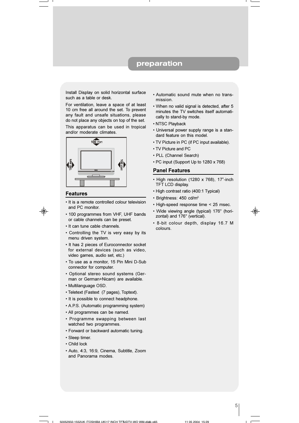 Preparation, Features, Panel features | Toshiba 17WLT46B User Manual | Page 6 / 65
