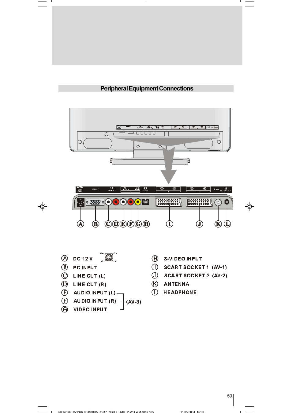 Peripheral equipment connections, T86suãtp8f@uг гг6w | Toshiba 17WLT46B User Manual | Page 60 / 65