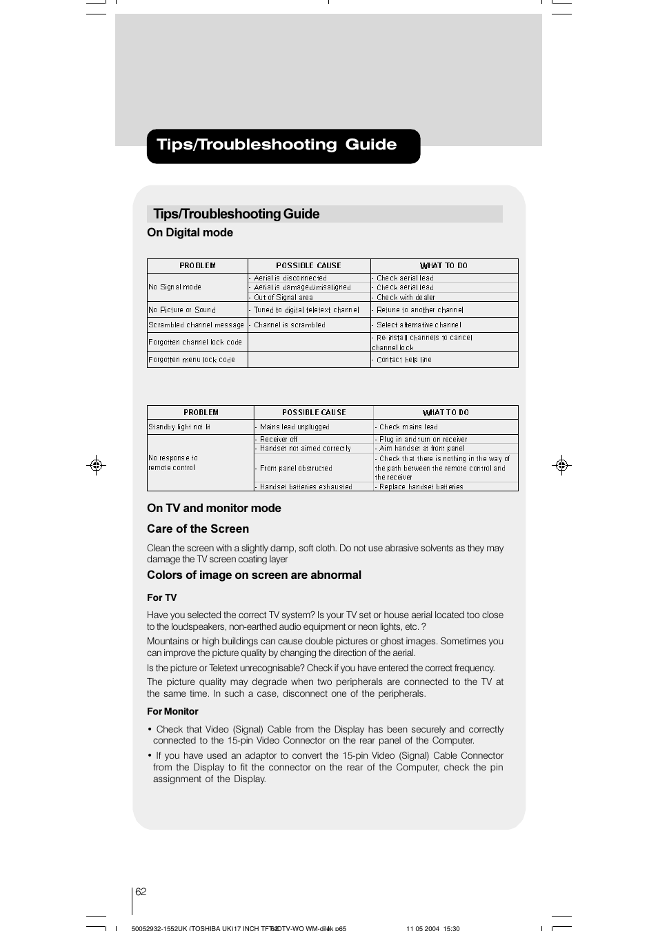 Tips/troubleshooting guide, On digital mode, On tv and monitor mode care of the screen | Colors of image on screen are abnormal | Toshiba 17WLT46B User Manual | Page 63 / 65