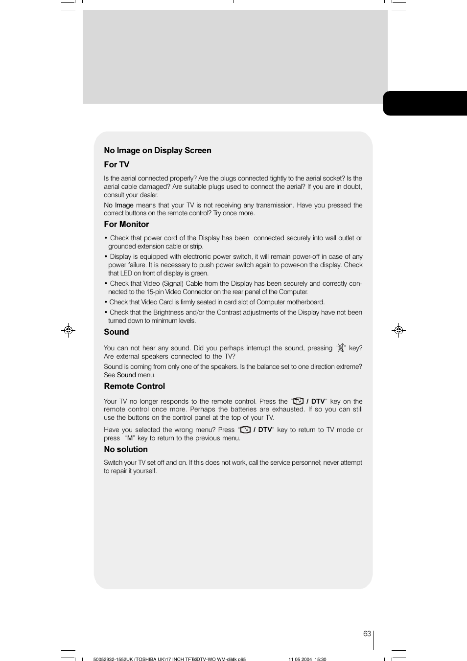 No image on display screen for tv, For monitor, Sound | Remote control, No solution | Toshiba 17WLT46B User Manual | Page 64 / 65