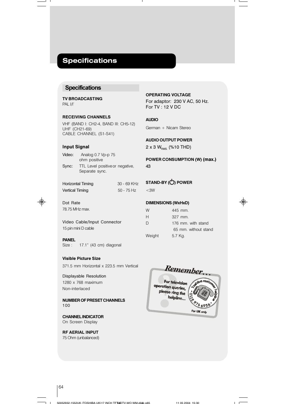 Specifications | Toshiba 17WLT46B User Manual | Page 65 / 65