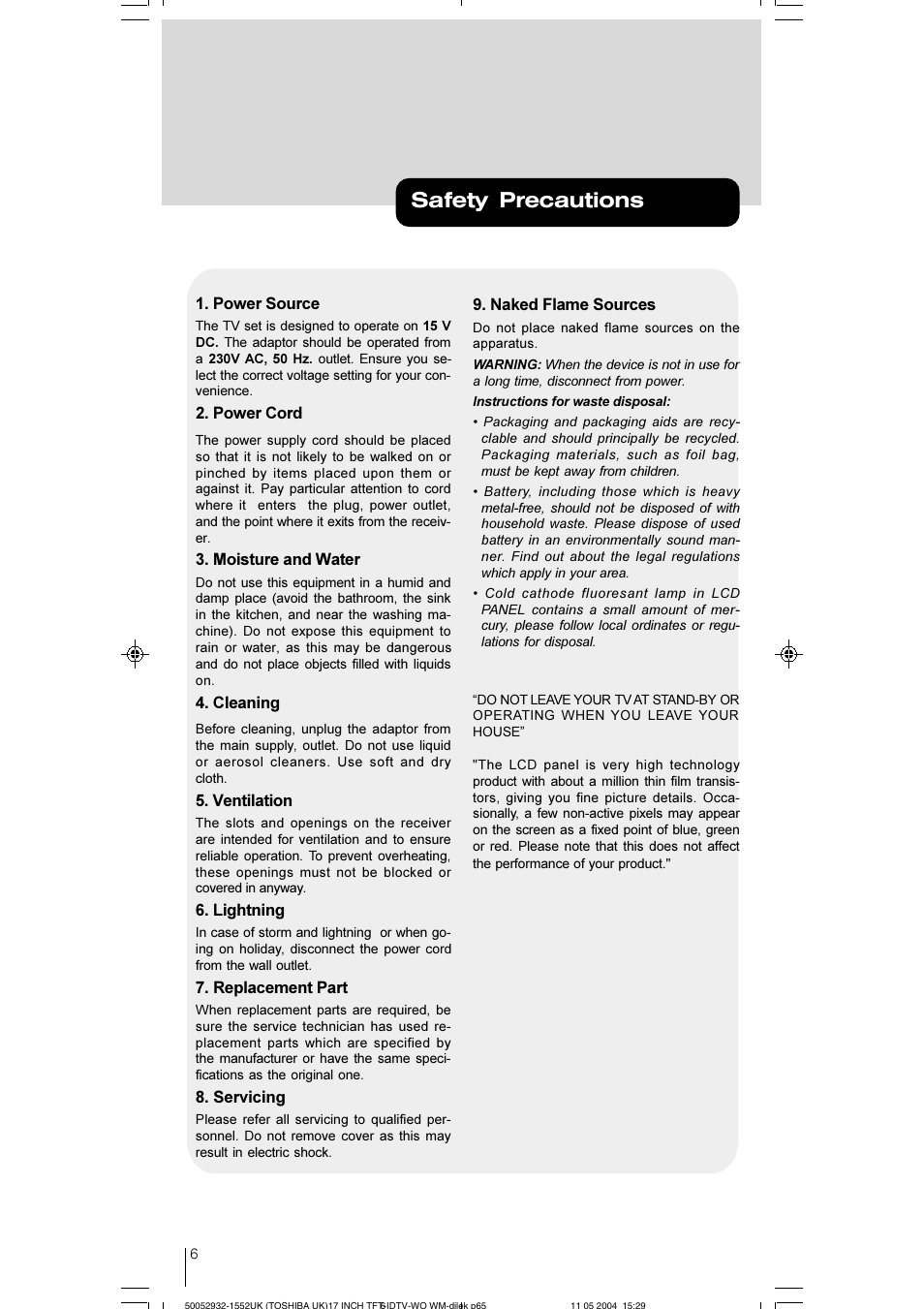 Safety precautions, Power source, Power cord | Moisture and water, Cleaning, Ventilation, Lightning, Replacement part, Servicing, Naked flame sources | Toshiba 17WLT46B User Manual | Page 7 / 65