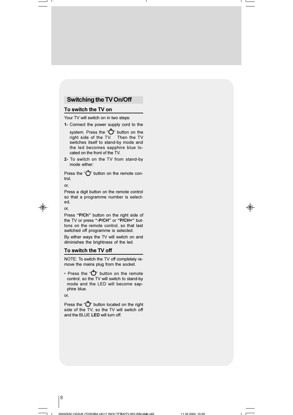 Switching the tv on/off | Toshiba 17WLT46B User Manual | Page 9 / 65