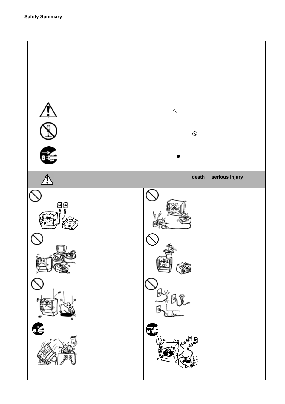 Safety summary, Warning, Meanings of each symbol | Toshiba EO1-33057 User Manual | Page 6 / 139
