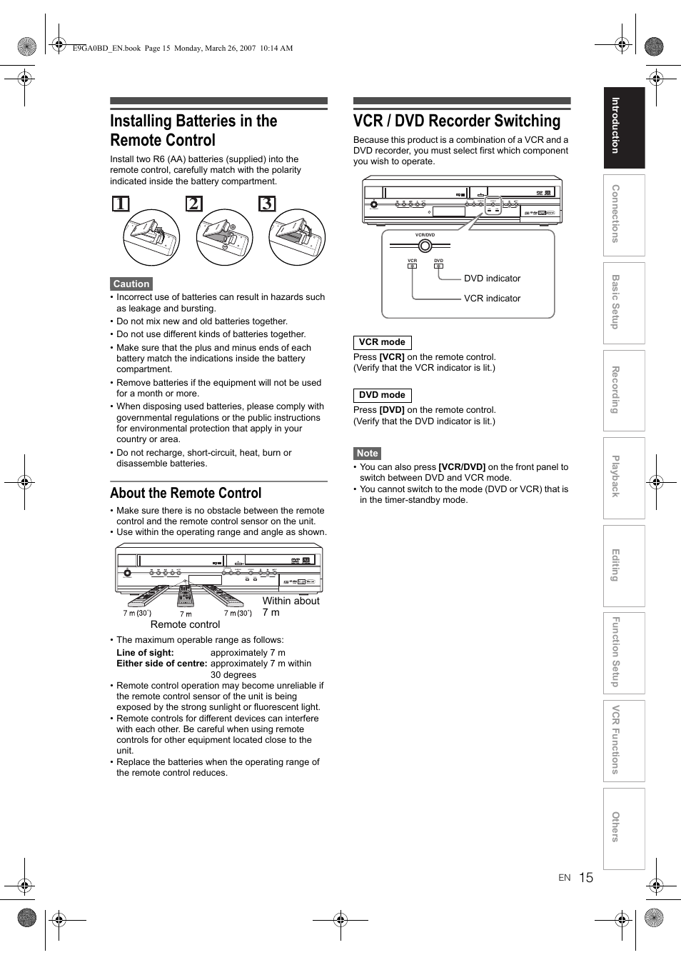 Installing batteries in the remote control, Vcr / dvd recorder switching, About the remote control | Toshiba D-VR17KB User Manual | Page 15 / 83