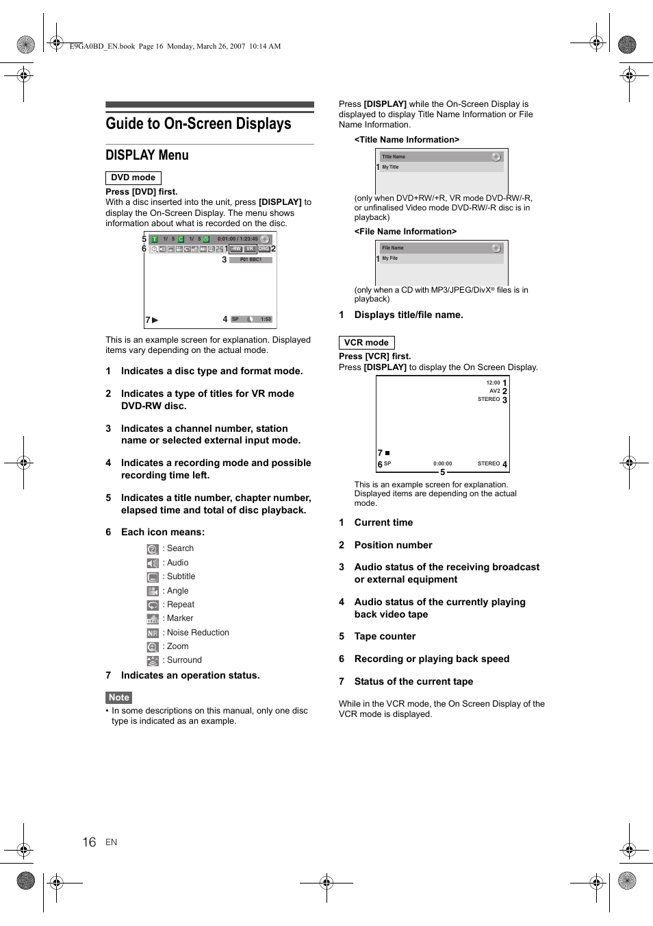 Guide to on-screen displays, Display menu | Toshiba D-VR17KB User Manual | Page 16 / 83