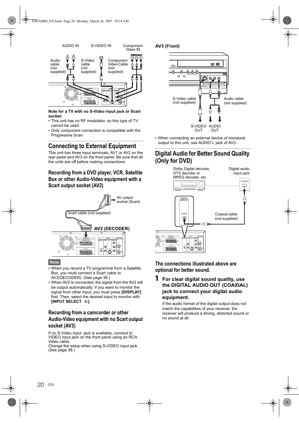Connecting to external equipment, Av2 (decoder), Av3 (front) | Toshiba D-VR17KB User Manual | Page 20 / 83