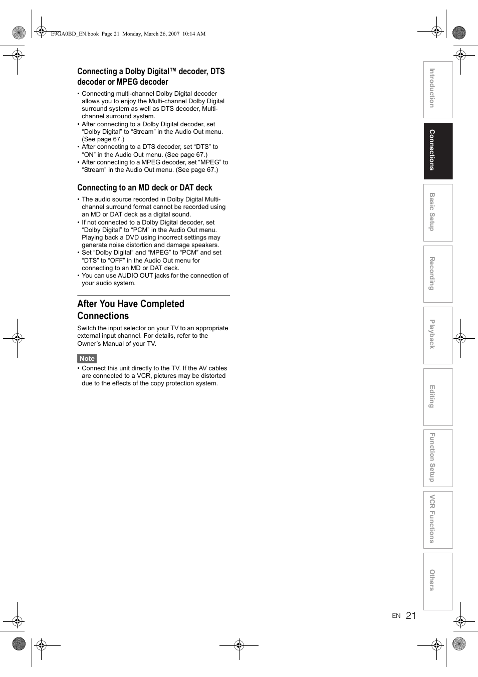 After you have completed connections, Connecting to an md deck or dat deck | Toshiba D-VR17KB User Manual | Page 21 / 83