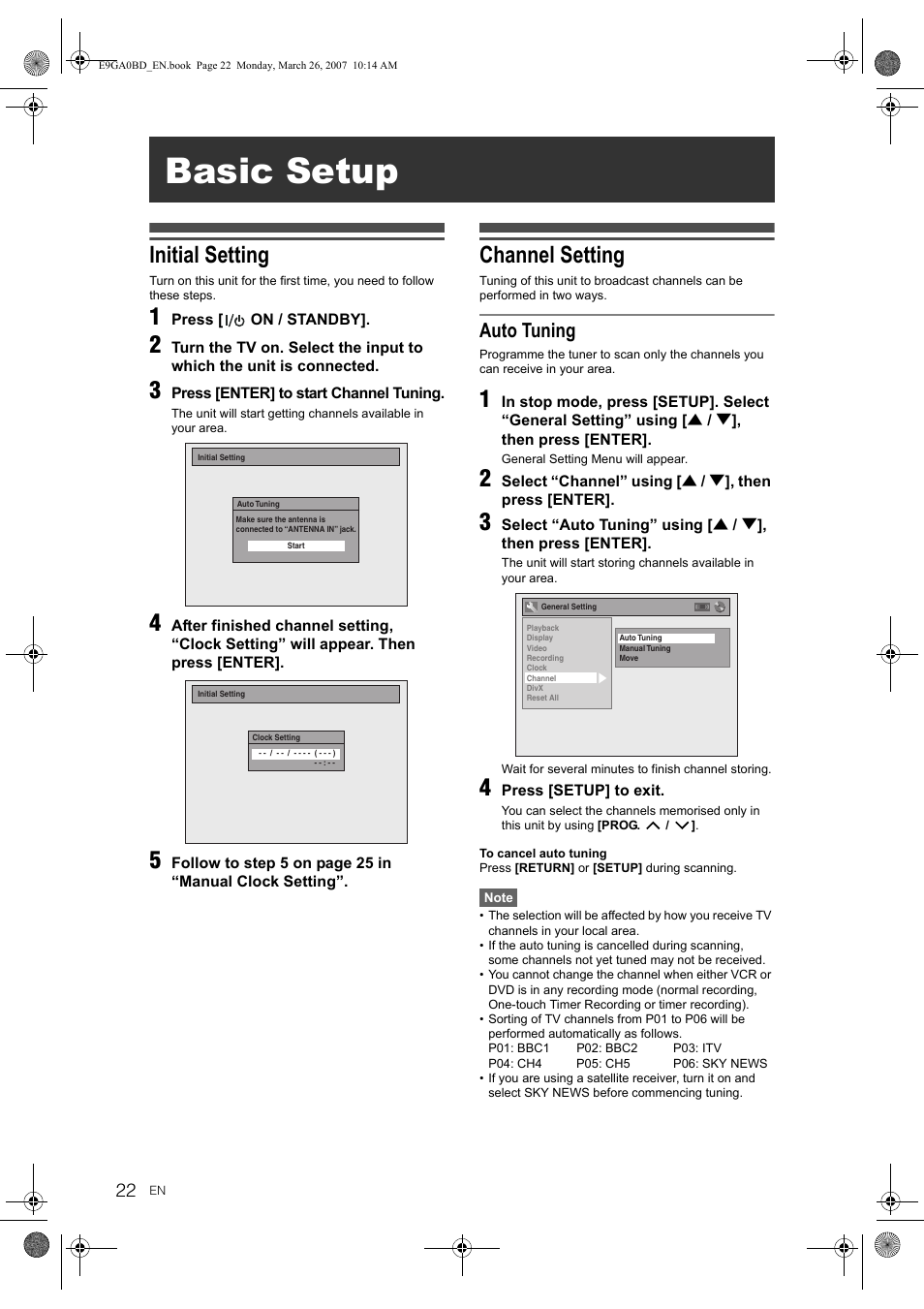 Basic setup, Initial setting, Channel setting | Auto tuning | Toshiba D-VR17KB User Manual | Page 22 / 83