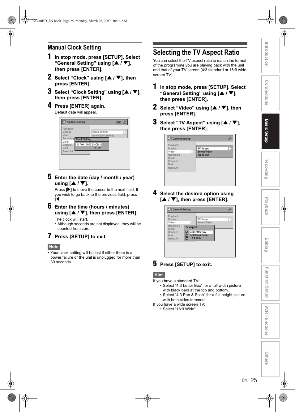 Selecting the tv aspect ratio, Manual clock setting | Toshiba D-VR17KB User Manual | Page 25 / 83