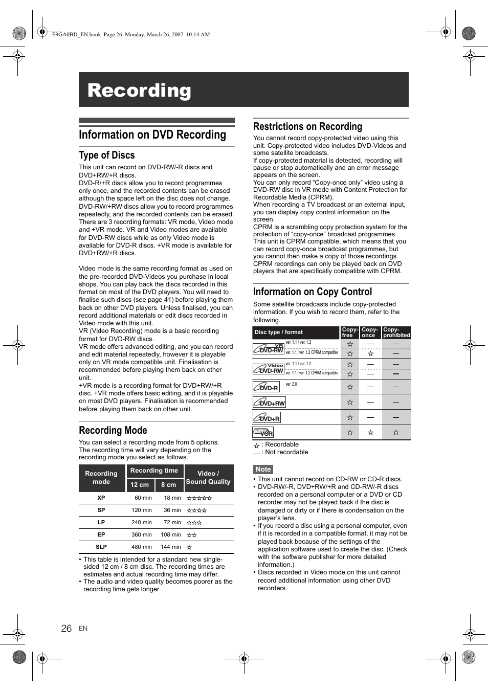 Recording, Information on dvd recording, Type of discs | Recording mode, Restrictions on recording, Information on copy control | Toshiba D-VR17KB User Manual | Page 26 / 83