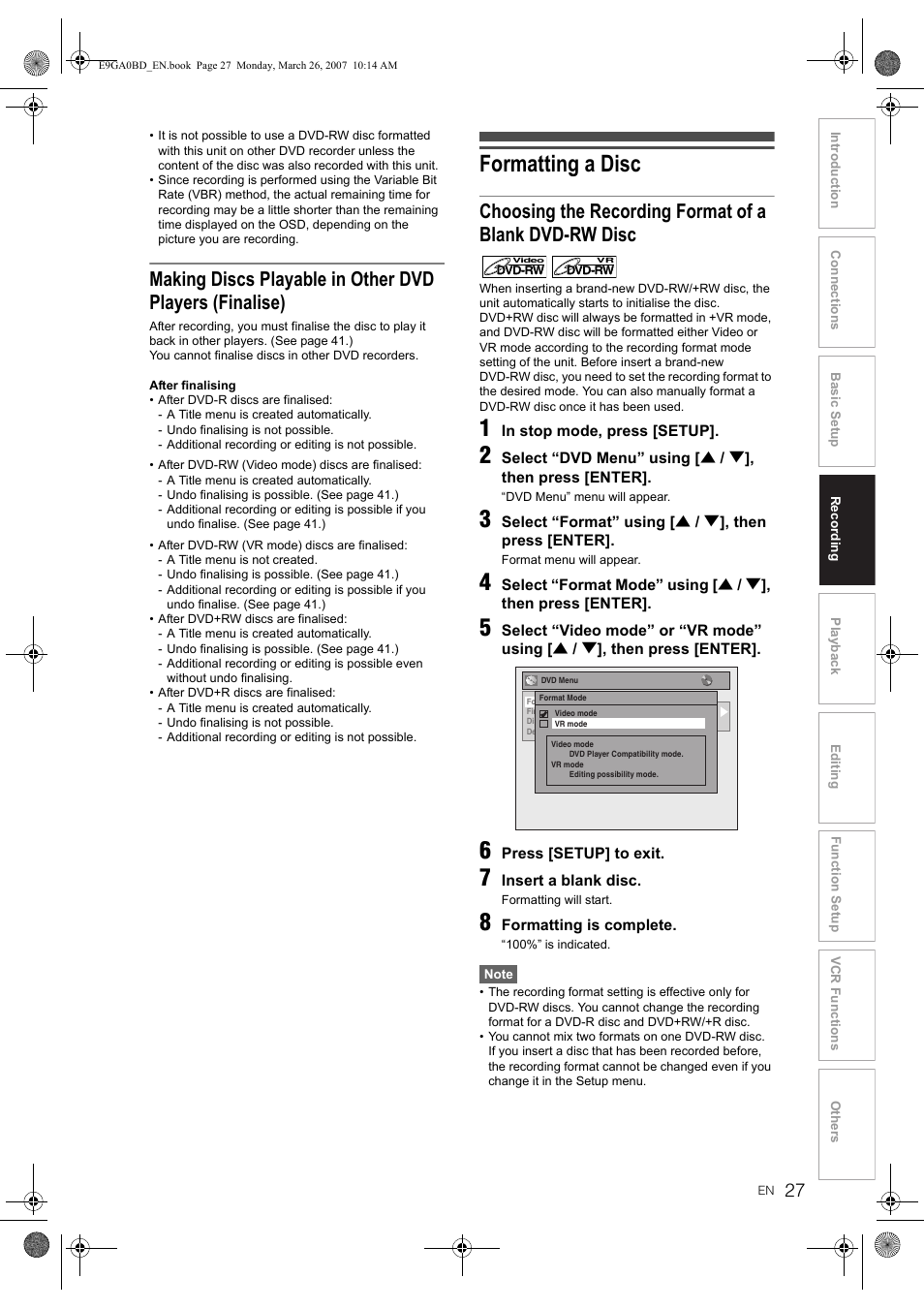 Formatting a disc | Toshiba D-VR17KB User Manual | Page 27 / 83