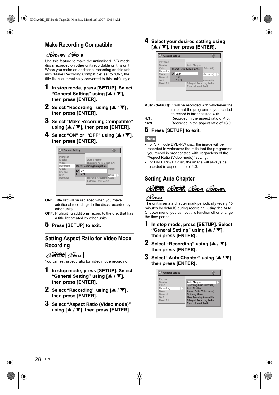 Make recording compatible, Setting aspect ratio for video mode recording, Setting auto chapter | Toshiba D-VR17KB User Manual | Page 28 / 83