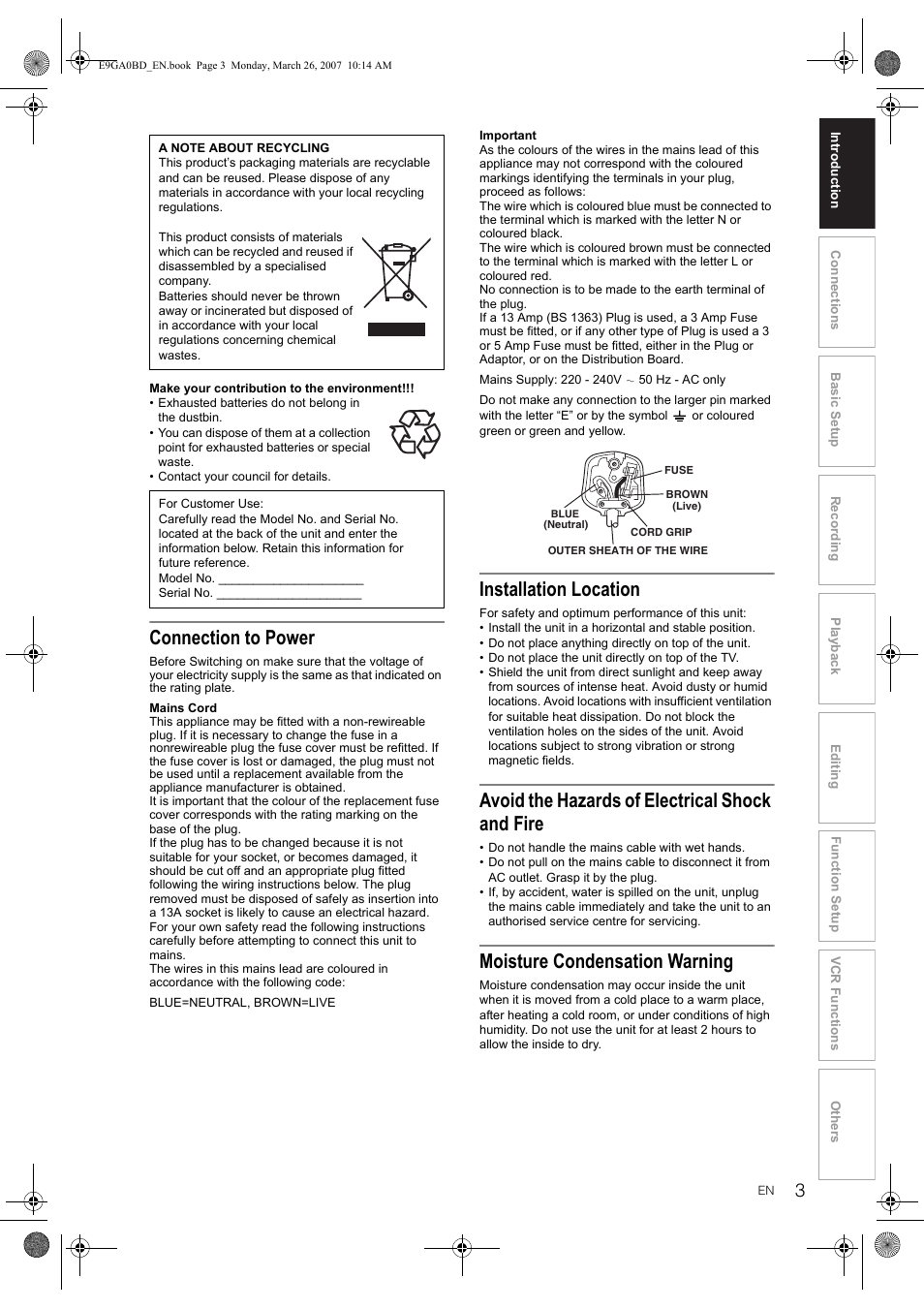 Connection to power, Installation location, Avoid the hazards of electrical shock and fire | Moisture condensation warning | Toshiba D-VR17KB User Manual | Page 3 / 83