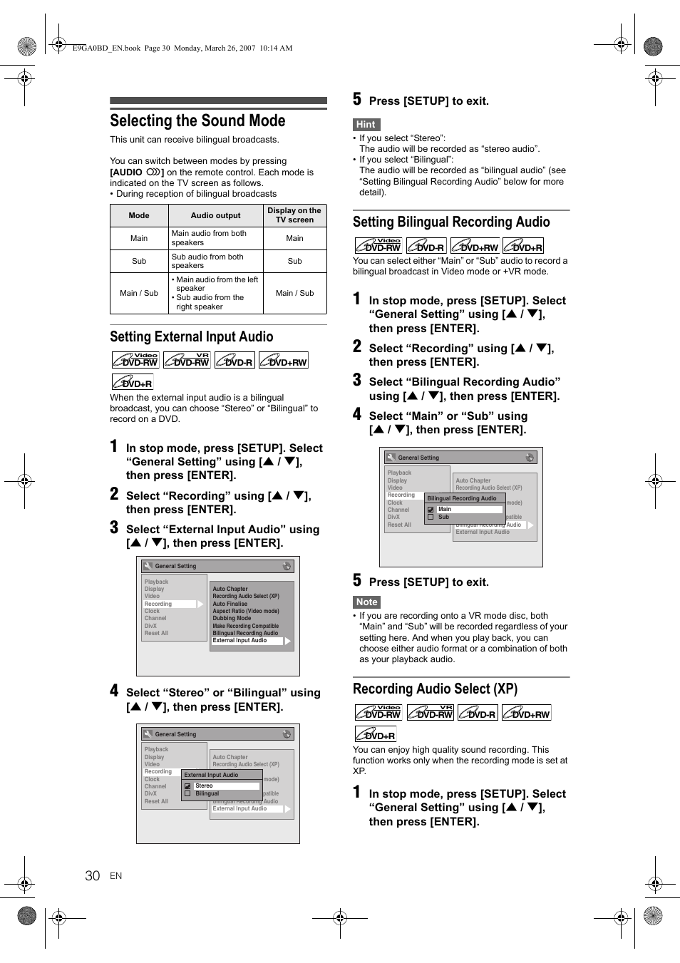 Selecting the sound mode, Setting external input audio, Setting bilingual recording audio | Recording audio select (xp) | Toshiba D-VR17KB User Manual | Page 30 / 83