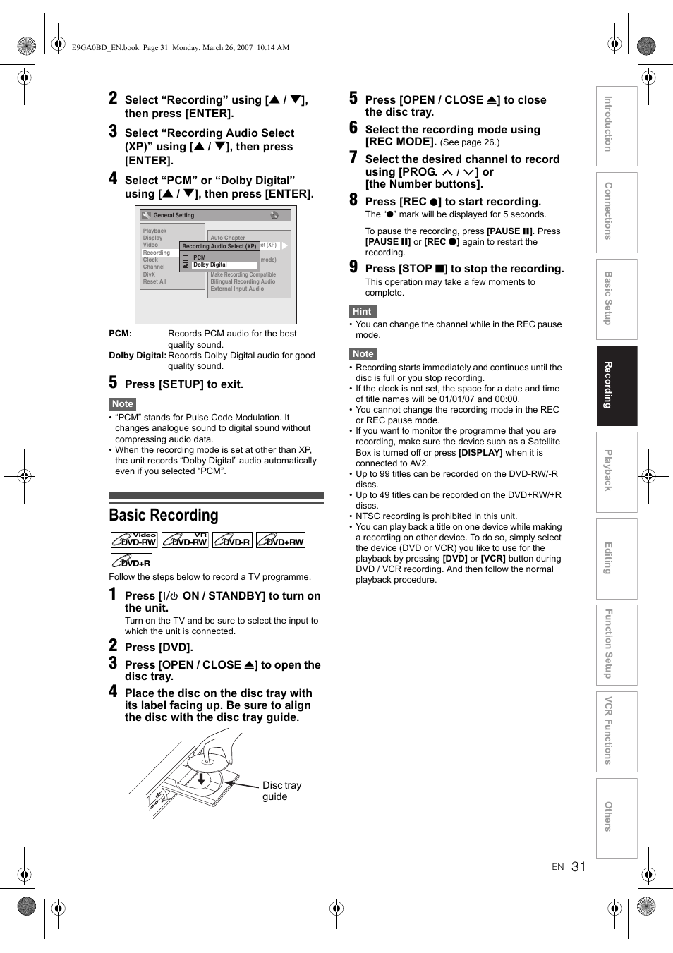 Basic recording | Toshiba D-VR17KB User Manual | Page 31 / 83
